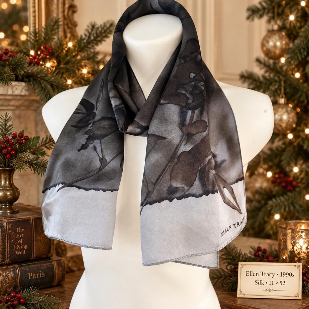 Vintage Ellen Tracy 90s Silk Scarf Gray Black Floral Watercolor NWOT 11x52